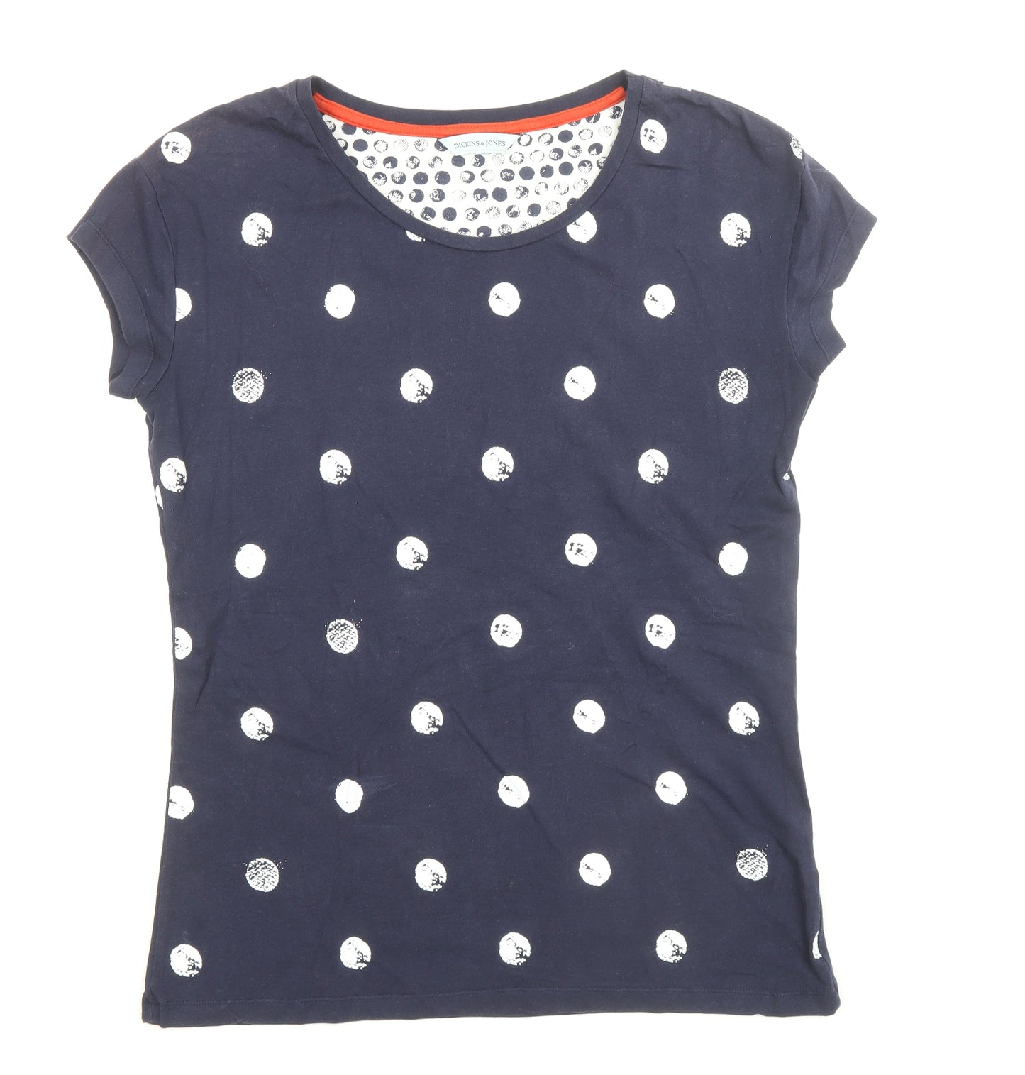Dickins & Jones Womens Blue Polka Dot Cotton Basic T-Shirt Size L Round Neck
