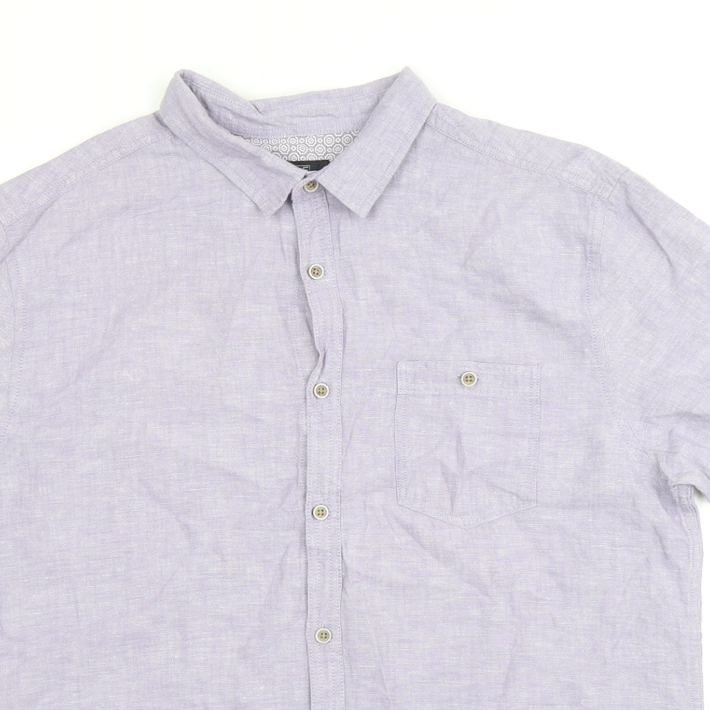 F&F Mens Purple Linen Button-Up Size L Collared Button