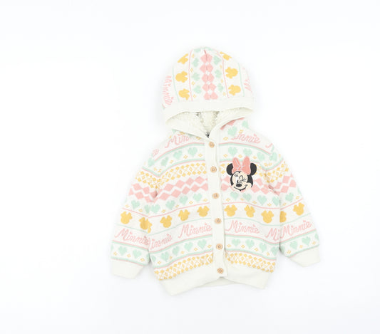 George Girls Multicoloured Round Neck Geometric Cotton Cardigan Jumper Size 2 Years Button - Minnie Mouse Size 1.5-2 Years