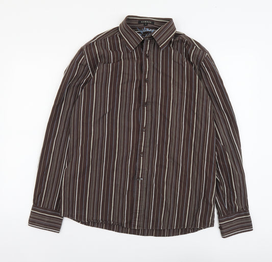 George Mens Brown Striped Cotton Button-Up Size M Collared Button