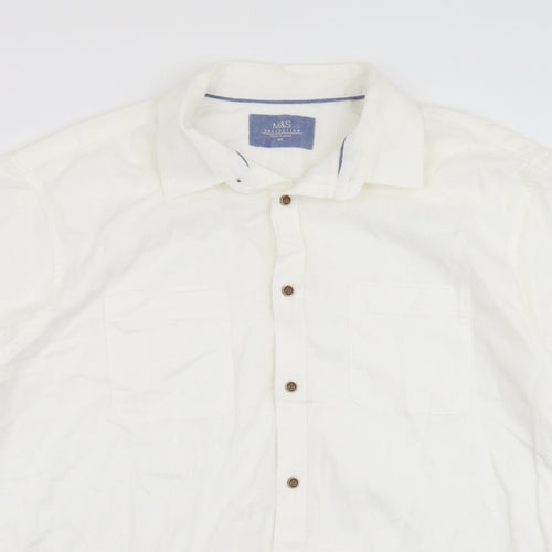 Marks and Spencer Mens White Cotton Button-Up Size 2XL Collared Button