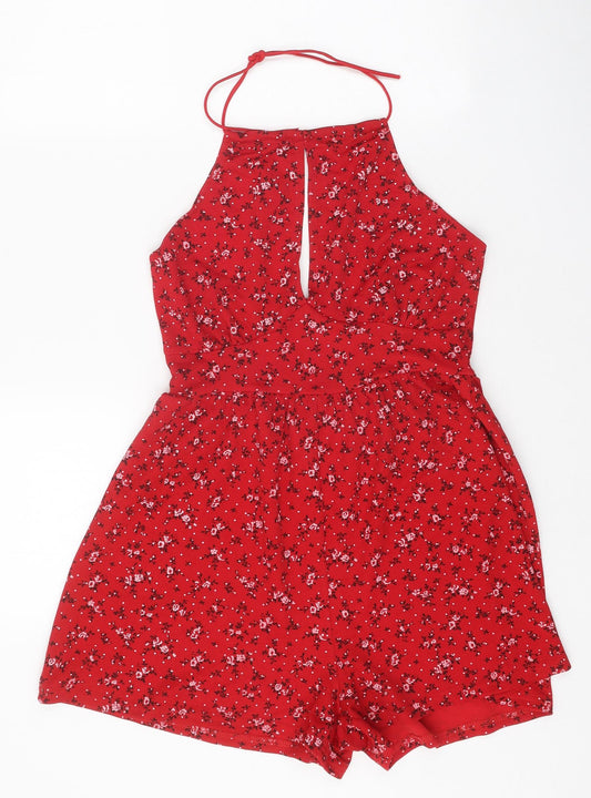 PRETTYLITTLETHING Womens Red Floral Polyester Playsuit One-Piece Size 10 Tie