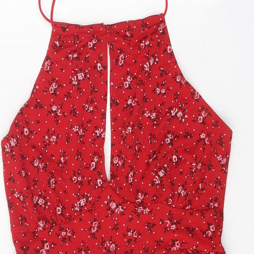 PRETTYLITTLETHING Womens Red Floral Polyester Playsuit One-Piece Size 10 Tie