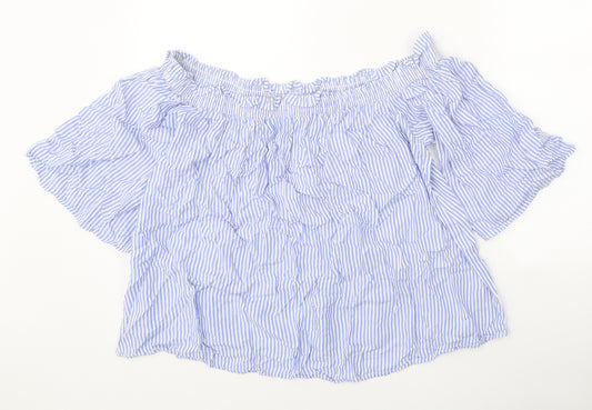 Marks and Spencer Womens Blue Striped Viscose Cropped Blouse Size 14 Off the Shoulder