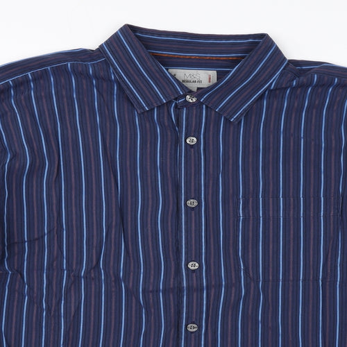 Marks and Mens Blue Striped Polyester Dress Shirt Size L Round Neck Button