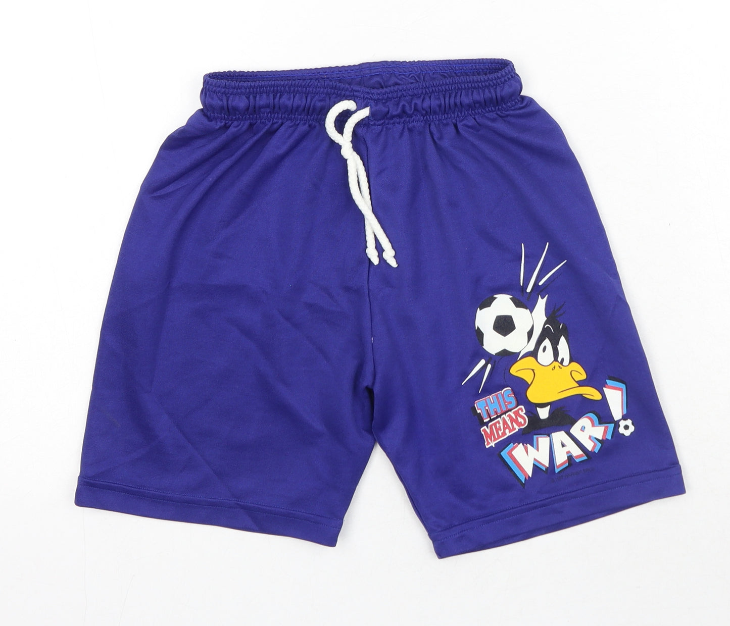 Tesco Boys Blue Polyester Sweat Shorts Size 7-8 Years Regular Drawstring - Daffy Duck This Means War