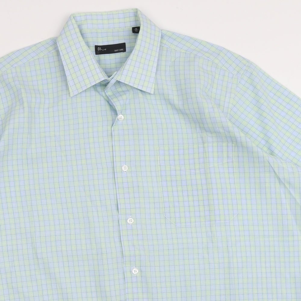 BHS Mens Green Check Polyester Button-Up Size 16 Collared Button