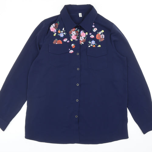 MissLook Womens Blue Polyester Basic Button-Up Size M Collared - Flower Detail