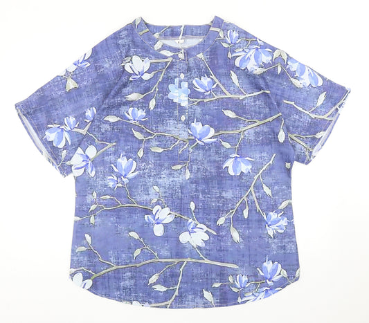 Preworn Womens Blue Floral Polyester Basic Blouse Size L Round Neck