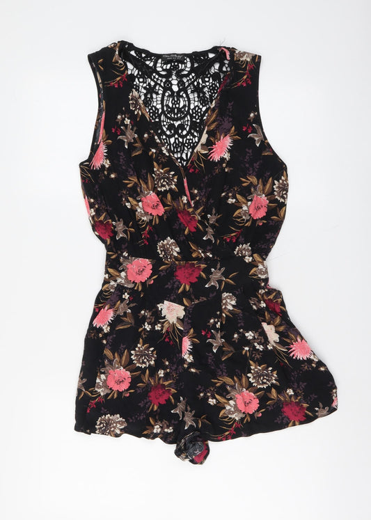 Miss Selfridge Womens Black Floral Viscose Playsuit One-Piece Size 8 Pullover