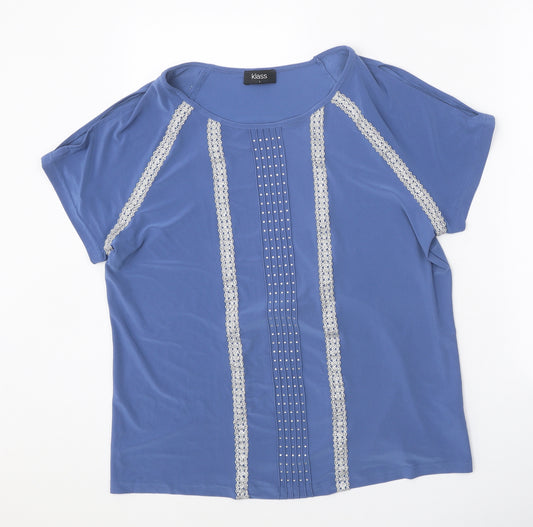 Klass Womens Blue Geometric Polyester Basic Blouse Size L Round Neck