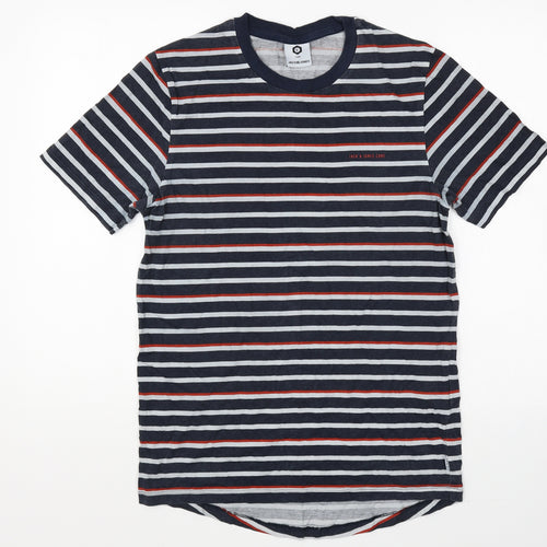 JACK & JONES Mens Blue Striped Cotton T-Shirt Size S Round Neck