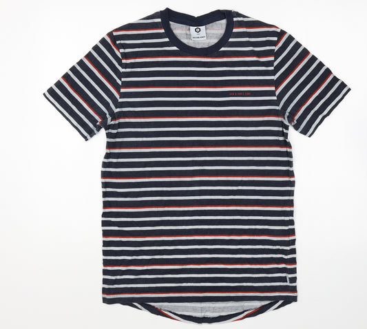 JACK & JONES Mens Blue Striped Cotton T-Shirt Size S Round Neck