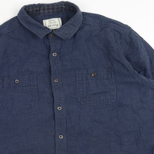 George Mens Blue Cotton Button-Up Size L Collared Button