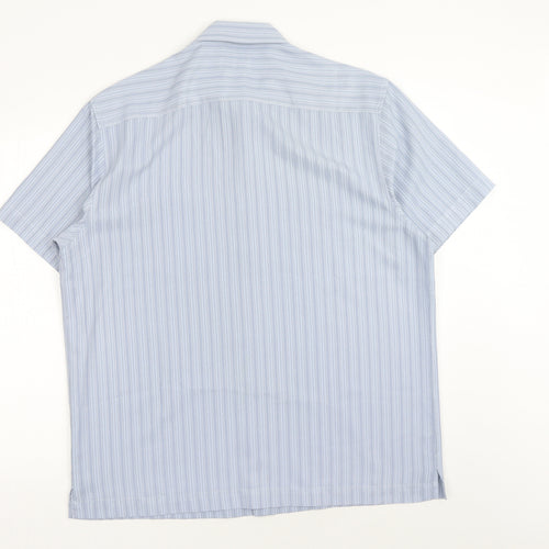 BHS Mens Blue Striped Polyester Button-Up Size L Collared Button