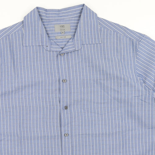 Marks and Spencer Mens Blue Striped Cotton Button-Up Size XL Collared Button