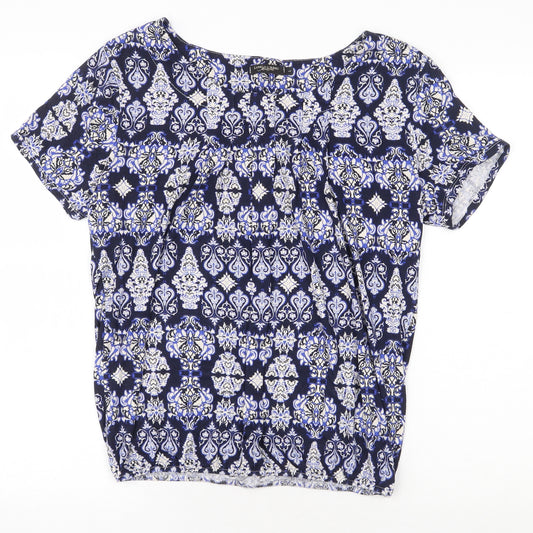 Lungo L'arno Womens Blue Geometric Cotton Basic T-Shirt Size L Round Neck