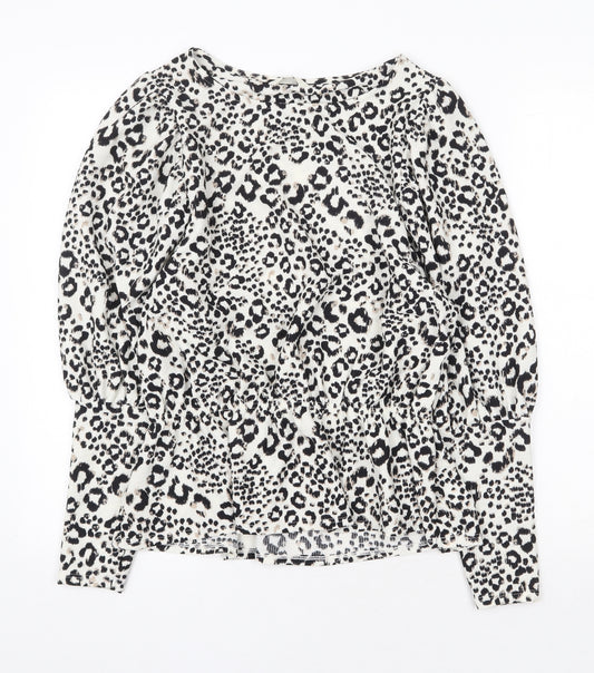 NEXT Womens White Animal Print Polyester Basic Blouse Size 10 Round Neck - Leopard Print