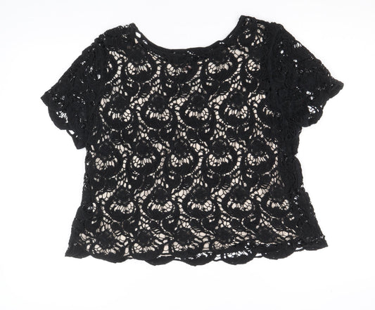 Phase Eight Womens Black Geometric Cotton Basic Blouse Size 16 Round Neck - Lace Overlay