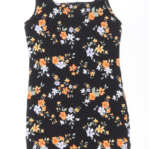 Terranova Womens Black Floral Cotton Tank Dress Size S Square Neck Pullover