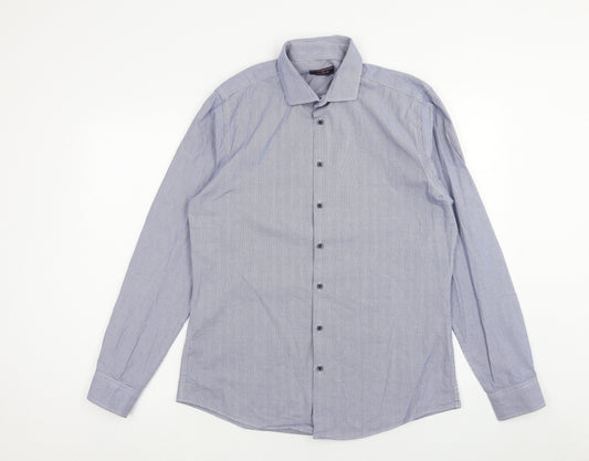 Luc Brevet Mens Blue Cotton Button-Up Size 16 Collared Button