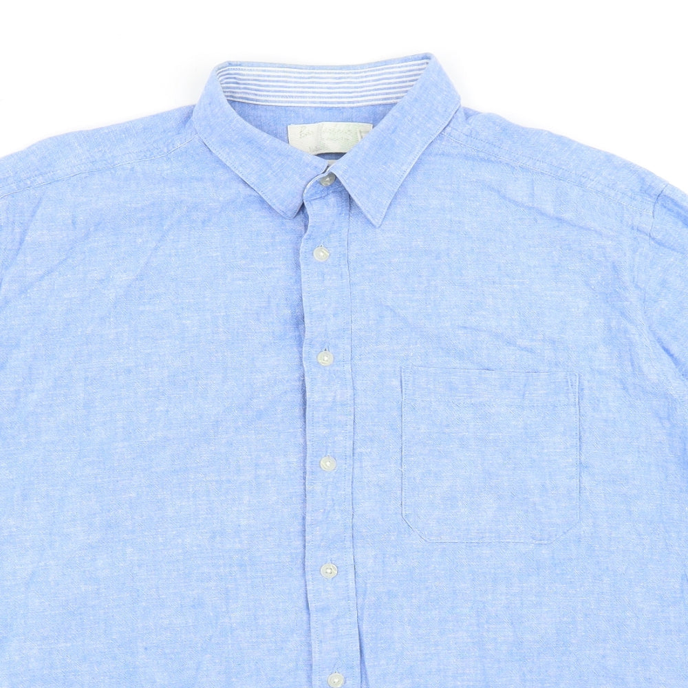 Preworn Mens Blue Linen Button-Up Size XL Collared Button