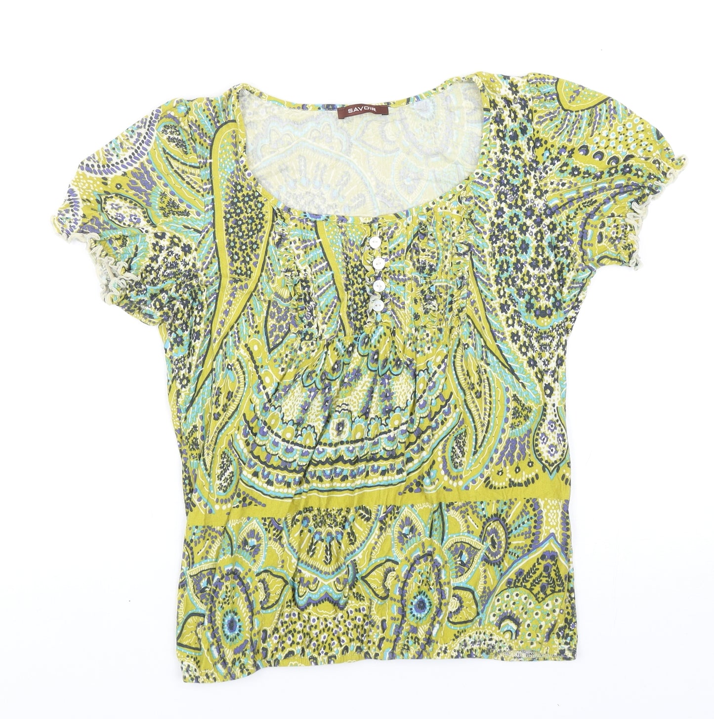 Savoir Womens Green Geometric Viscose Basic T-Shirt Size 12 Round Neck