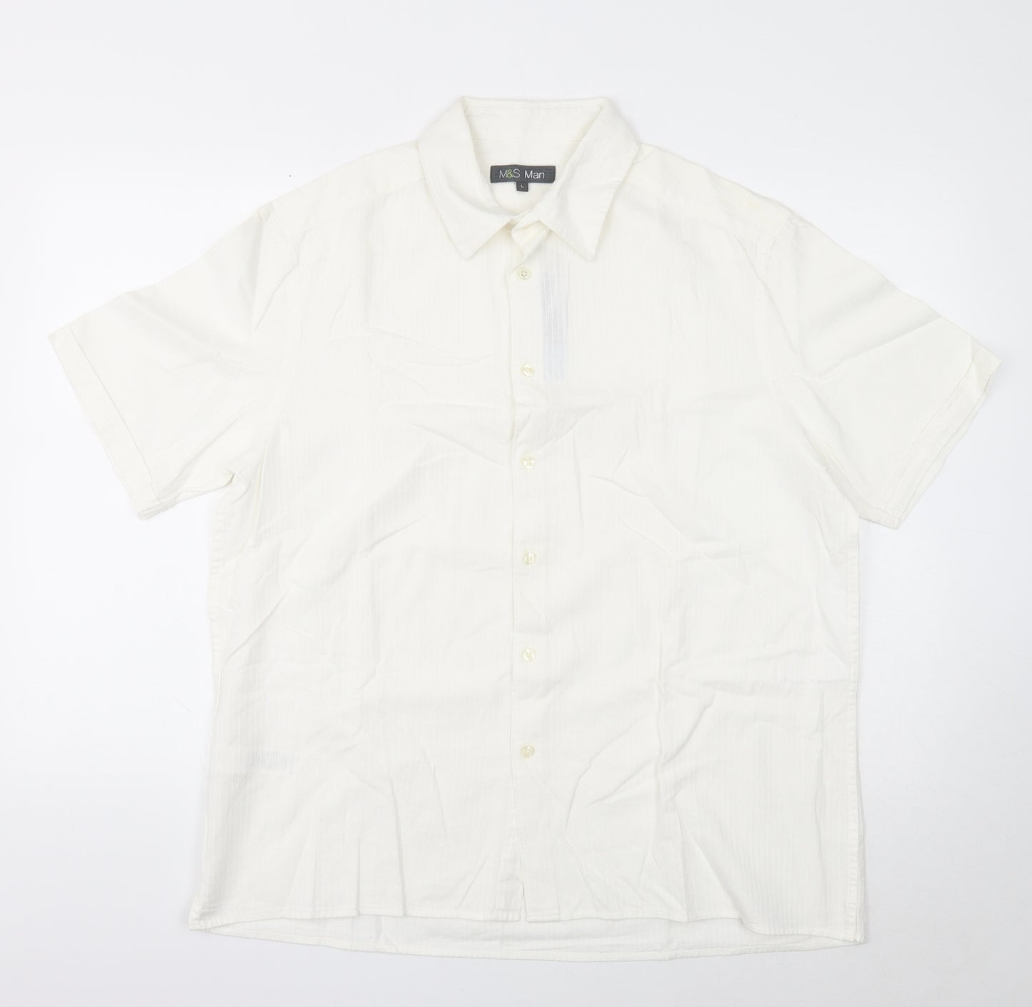 Marks and Spencer Mens White Cotton Button-Up Size L Collared Button