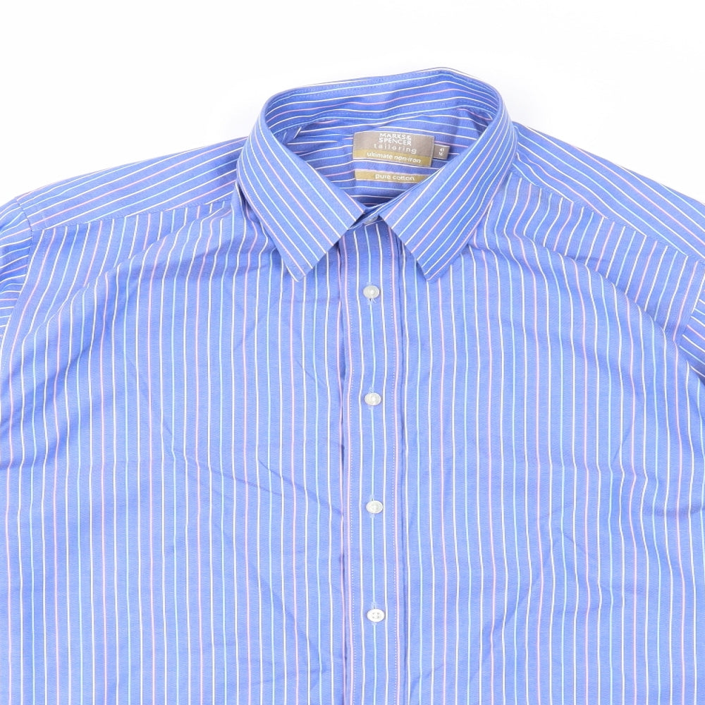 Marks and Spencer Mens Blue Striped Cotton Button-Up Size L Collared Button
