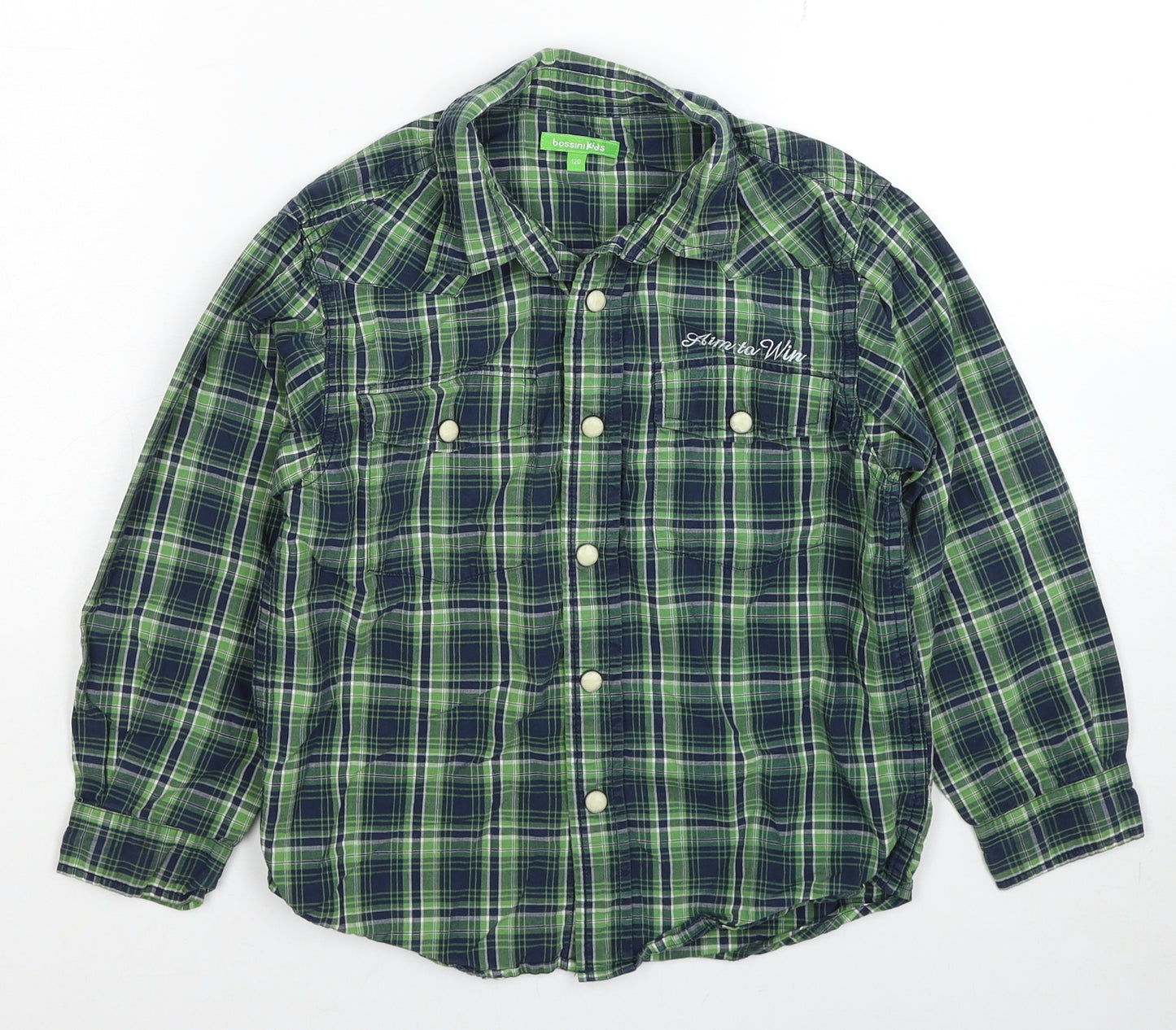 Bossini Boys Green Plaid Cotton Basic Button-Up Size 6-7 Years Collared Snap