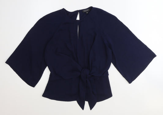 Topshop Womens Blue Polyester Basic Blouse Size 10 Round Neck - Knot Front