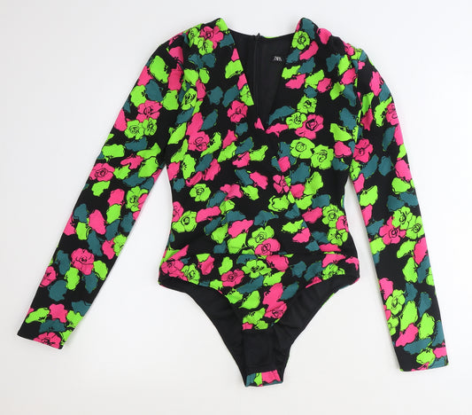 Zara Womens Multicoloured Geometric Polyester Bodysuit One-Piece Size S Snap