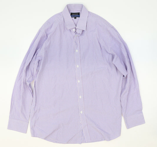 Greenwoods Mens Purple Check Polyester Dress Shirt Size 17 Round Neck Button