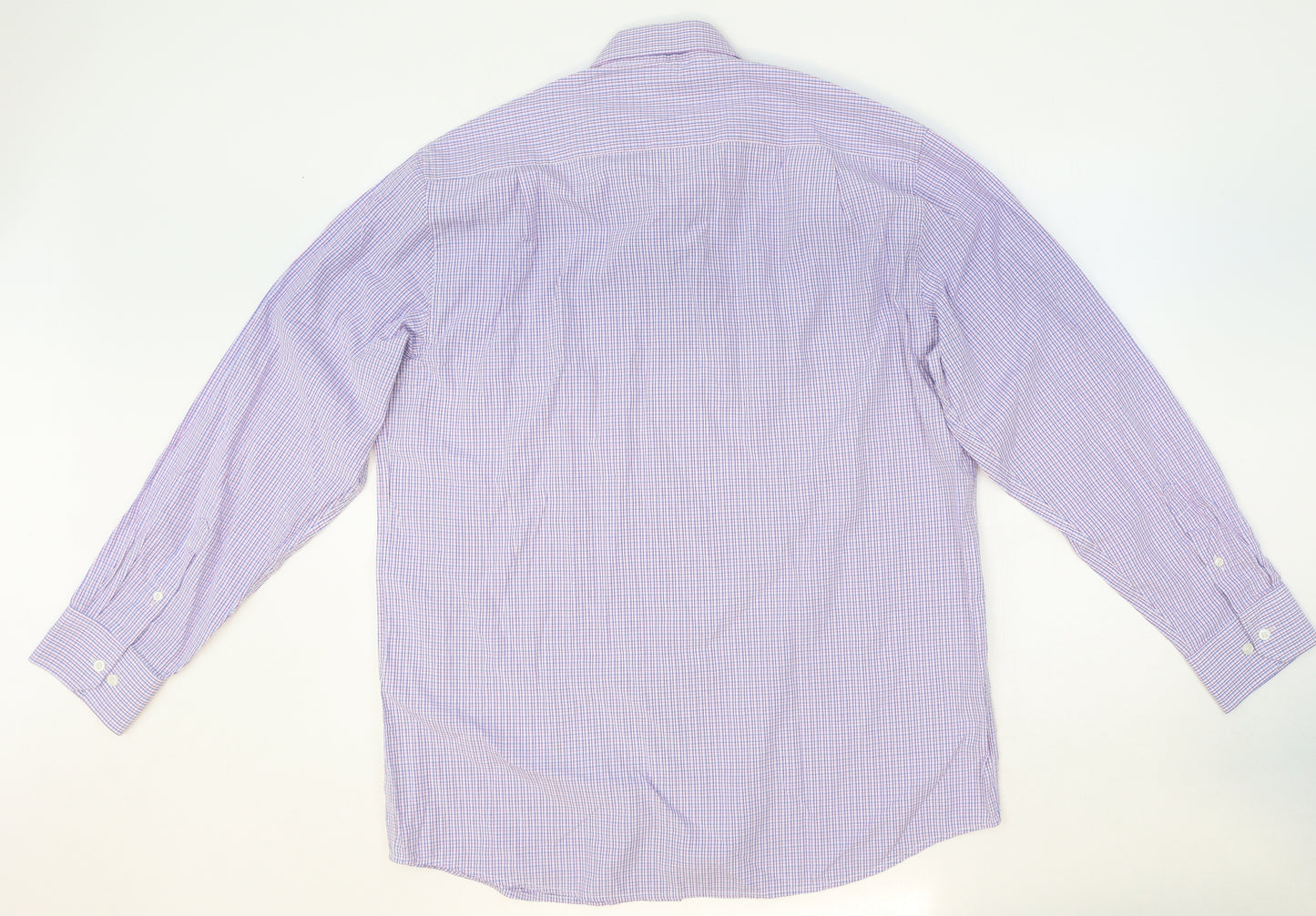 Greenwoods Mens Purple Check Polyester Dress Shirt Size 17 Round Neck Button