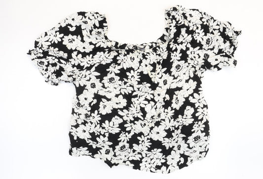 Marks and Spencer Womens Black Floral Viscose Basic Blouse Size 14 Square Neck
