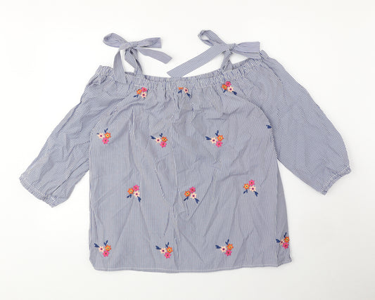 Dorothy Perkins Womens Blue Striped Polyester Basic Blouse Size 16 Off the Shoulder - Flower Detail