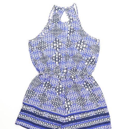 Primark Womens Blue Geometric Polyester Playsuit One-Piece Size 10 Button