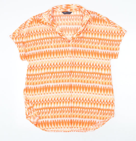 Marks and Spencer Womens Orange Geometric Polyester Basic Blouse Size 8 V-Neck