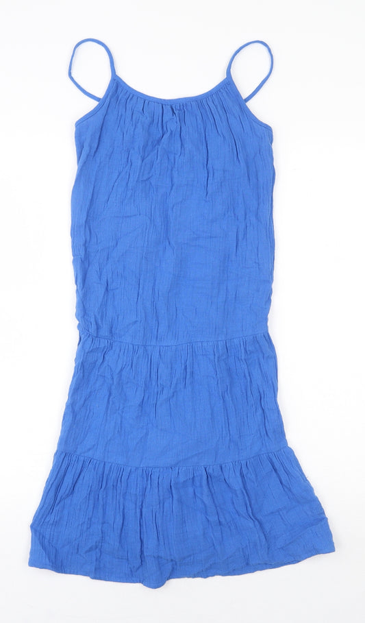 Marks and Spencer Girls Blue 100% Cotton Skater Dress Size 8-9 Years Round Neck Pullover