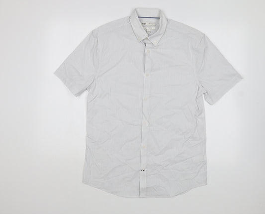 Marks and Spencer Mens White Geometric Cotton Dress Shirt Size S V-Neck Button