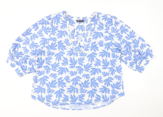 Marks and Spencer Womens Blue Geometric Cotton Basic Blouse Size 16 V-Neck - Leaf Print
