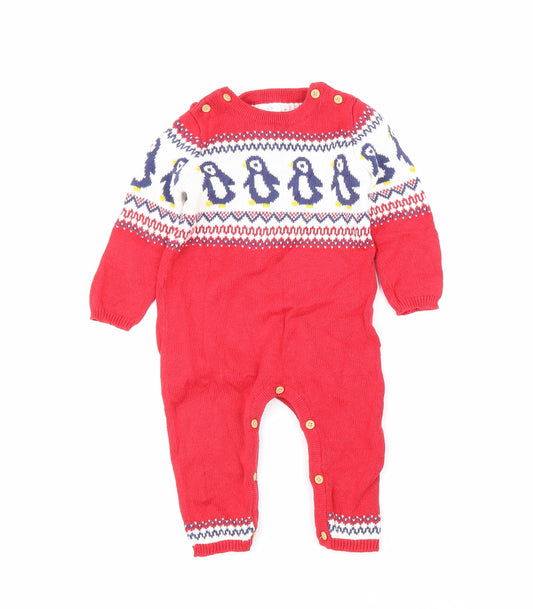 John Lewis Boys Red Geometric 100% Cotton Romper One-Piece Size 6-9 Months Button - Christmas