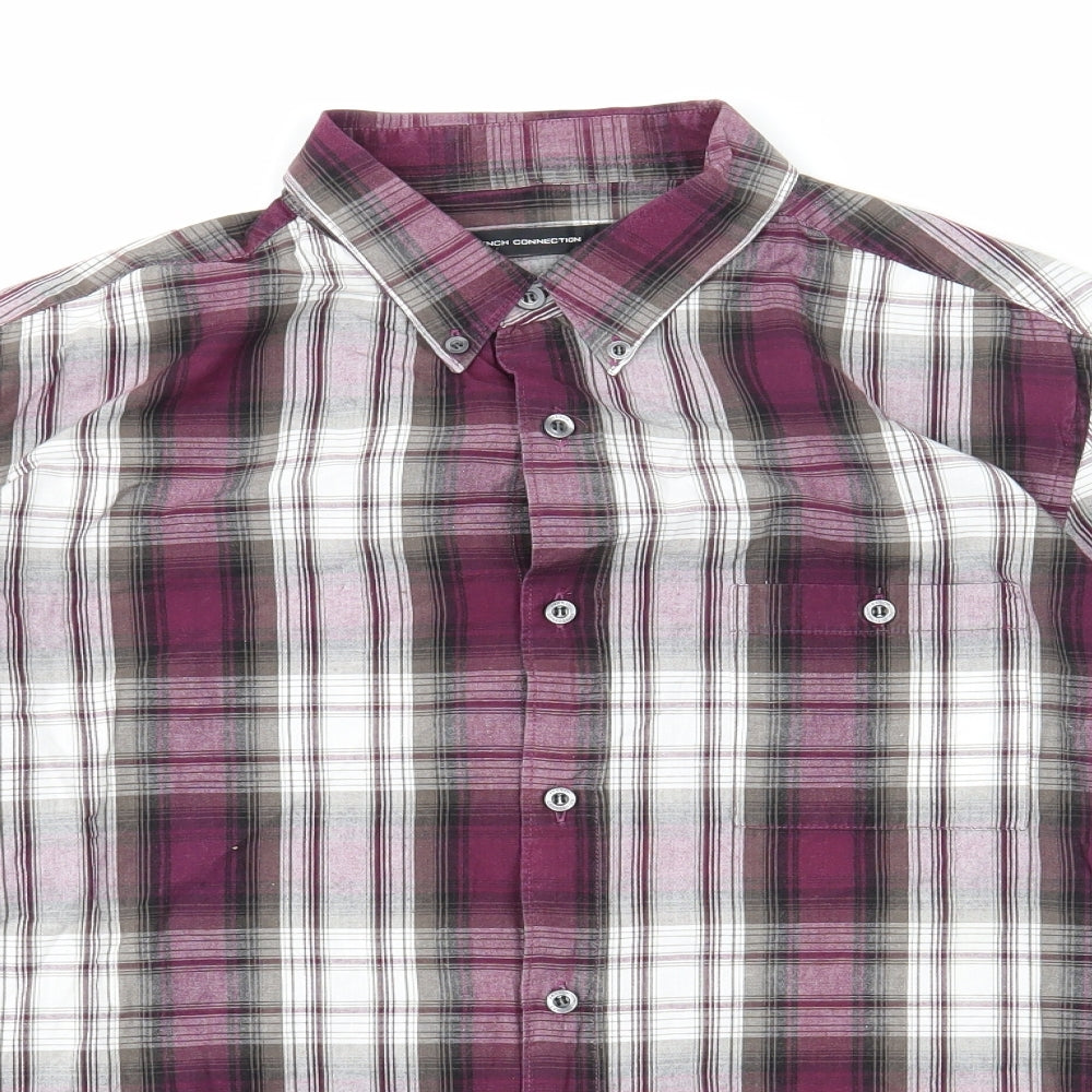 French Connection Mens Purple Plaid Cotton Button-Up Size L Collared Button