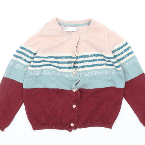 Marks and Spencer Girls Multicoloured Round Neck Cotton Cardigan Jumper Size 4-5 Years Button