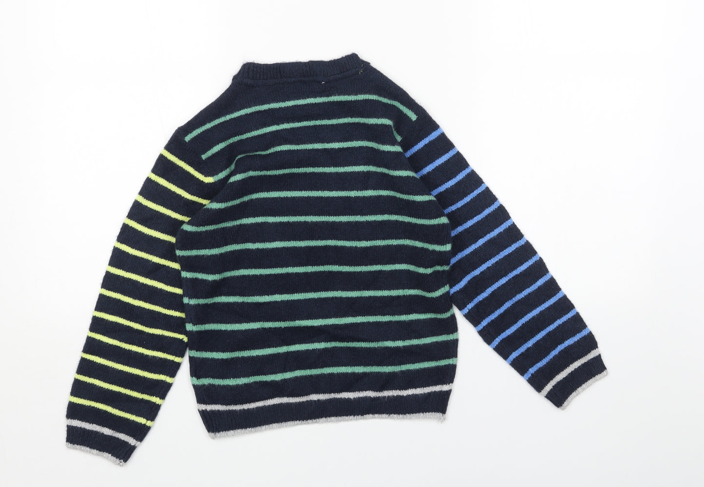 Marks and Spencer Boys Blue Round Neck Striped Acrylic Pullover Jumper Size 6-7 Years Pullover