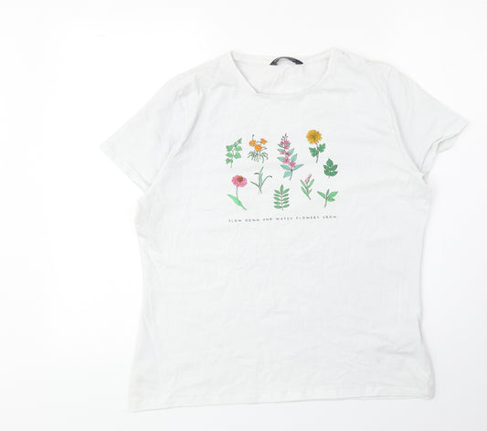 Marks and Spencer Womens White 100% Cotton Basic T-Shirt Size 18 Scoop Neck - Flower Slogan