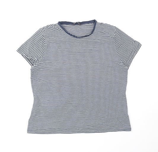 Marks and Spencer Womens Blue Striped Cotton Basic T-Shirt Size 18 Scoop Neck