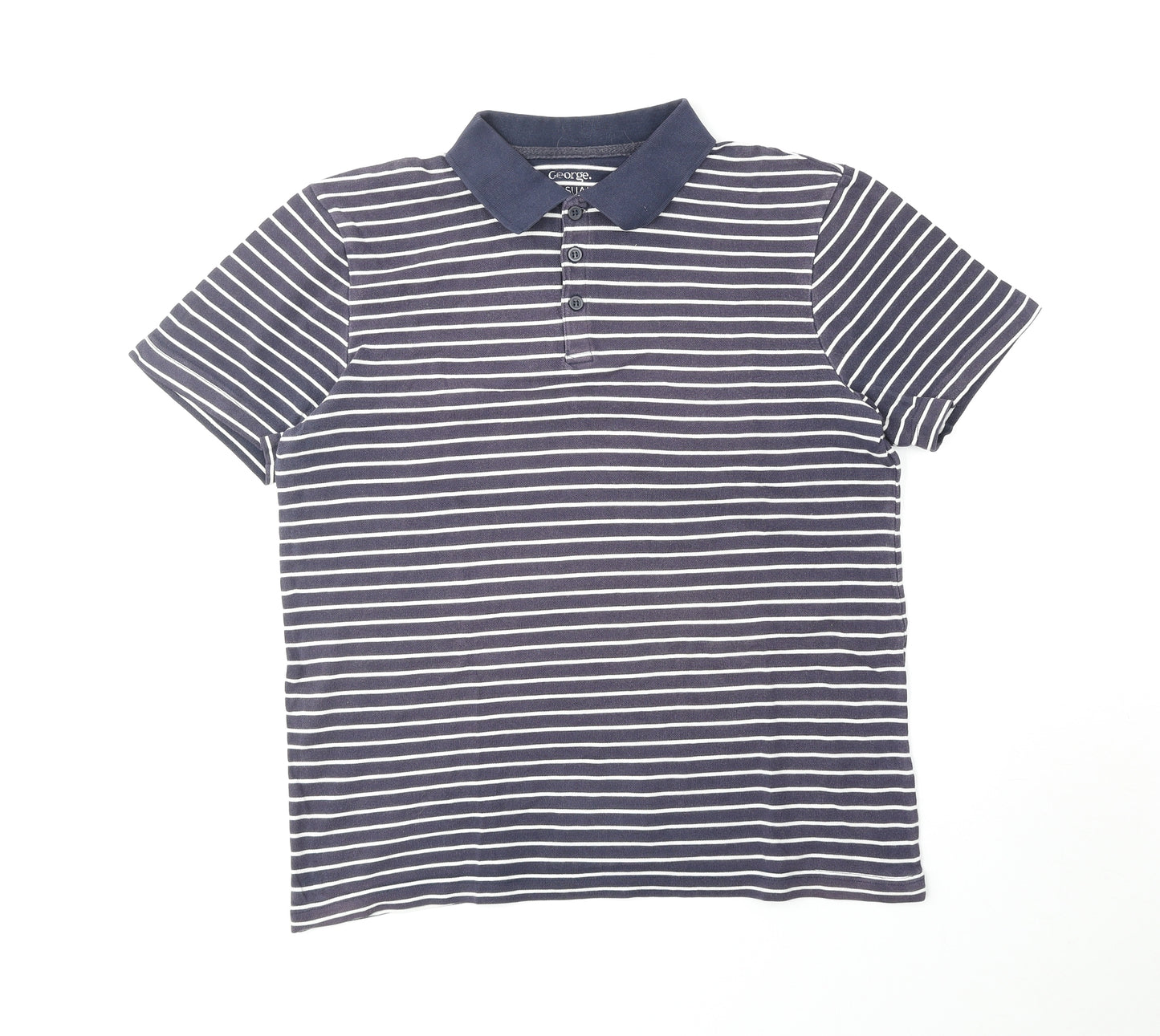 George Mens Blue Striped 100% Cotton Polo Size M Collared Pullover