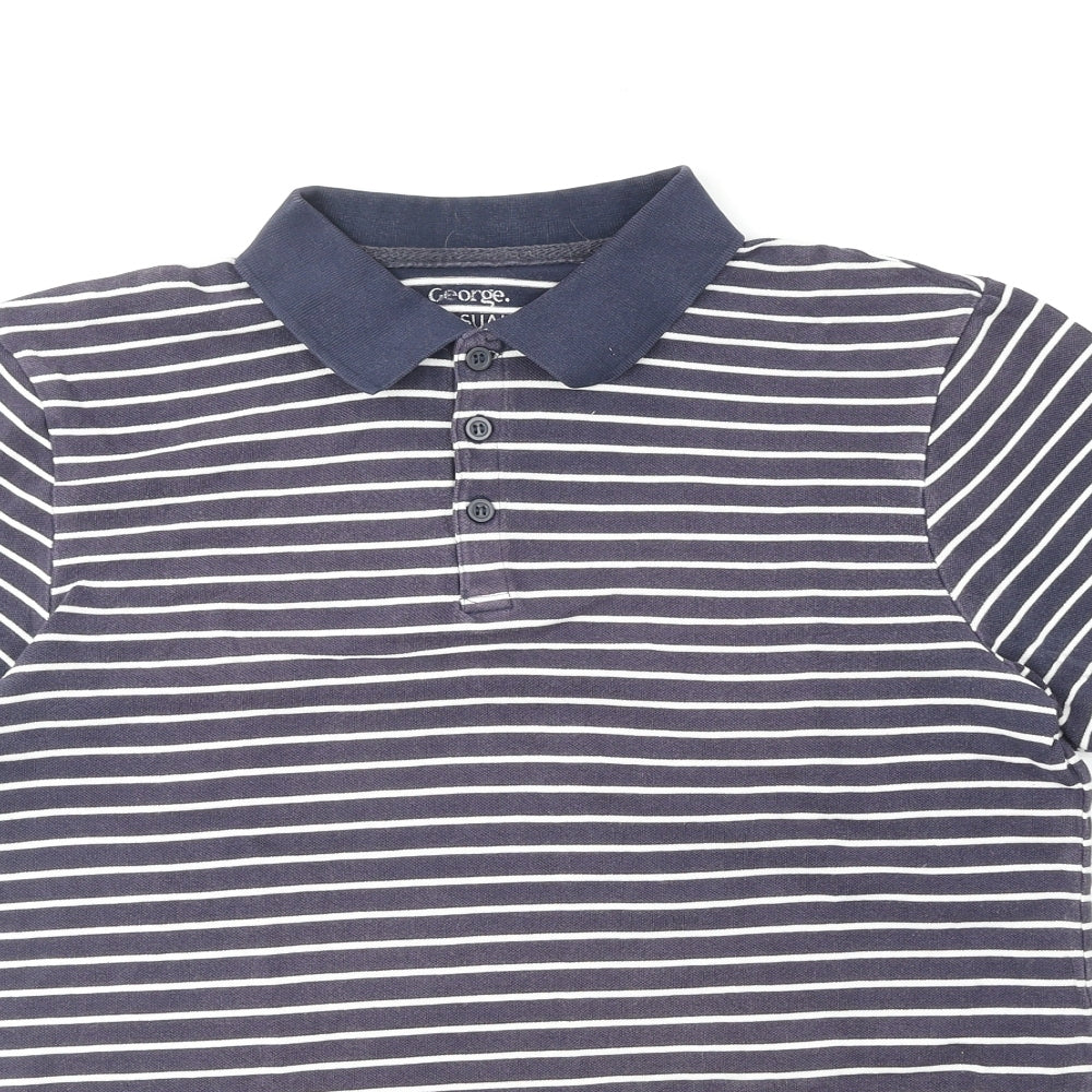 George Mens Blue Striped 100% Cotton Polo Size M Collared Pullover