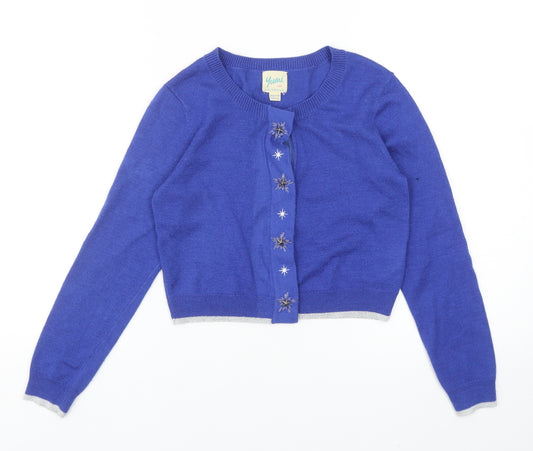 Yumi Girls Blue Round Neck Polyester Cardigan Jumper Size 9-10 Years Snap
